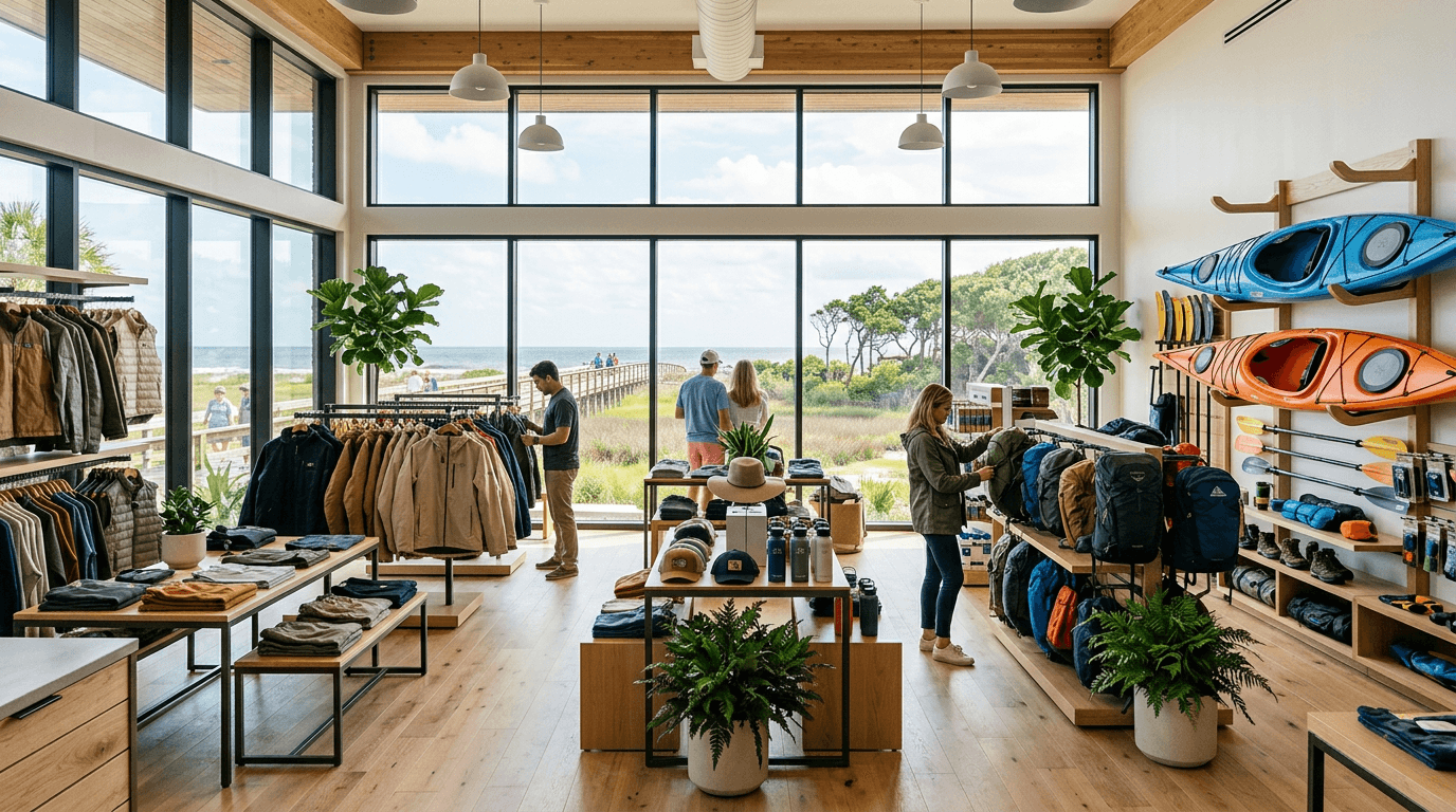 An independent outdoor and apparel store, with customers browsing