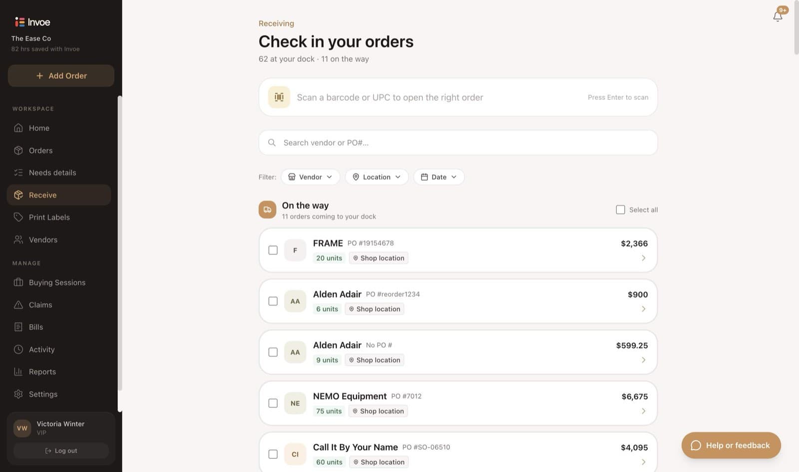 The Invoe receiving screen: 62 orders at the dock and 11 on the way, each with vendor, PO number, unit count and value.